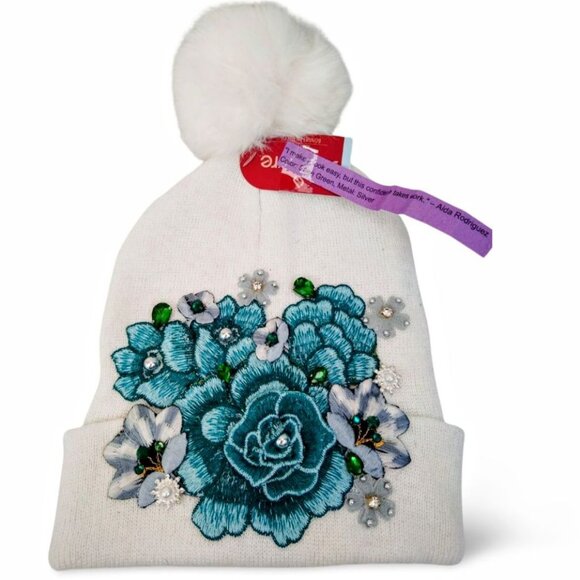 Vibrate Jewel Tone Floral Embroidered Off White Pearl Accent Knit Beanie  TT1521 - Picture 4 of 5